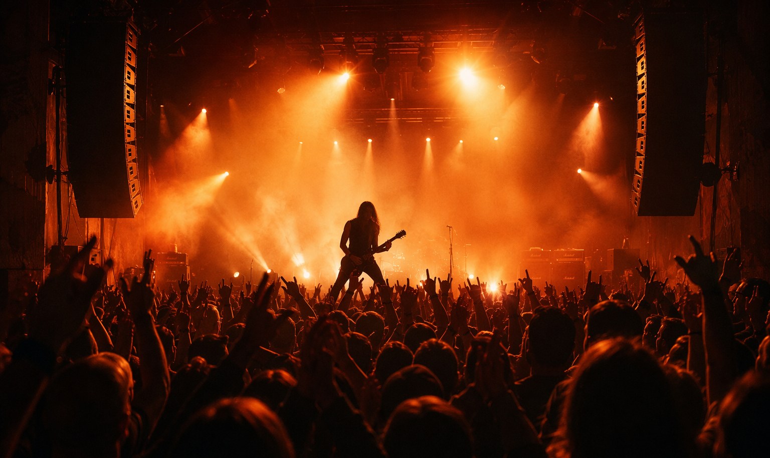 Rockkonzert mit orangefarbenem Bühnenlicht und jubelndem Publikum